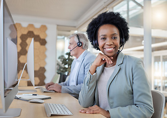 Image showing Help desk, smile and portrait of confident black woman at computer with headset at call center. Customer service consultant at online crm office, leader at advisory agency with diversity and success.