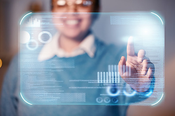 Image showing Worker, hands or hologram screen in night office on financial management, stock market trading or business growth data. Zoom, woman or finger on abstract touch for chart, graph or interactive finance