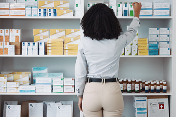 Image showing Pharmacy, medicine and shelf with black woman in store for healthcare, drugs dispensary and treatment prescription. Medical, pills and shopping with pharmacist for check, label information or product