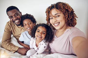 Image showing Black family, selfie smile and portrait in home bedroom, bonding and having fun together. Interracial, love and father, mixed race mother and children taking pictures for happy memory or social media