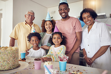 Image showing Family, generations and portrait at birthday, celebration and anniversary with grandparents, parents and children. Happy people, celebrate with cake and candy, party hat and smile with love at event