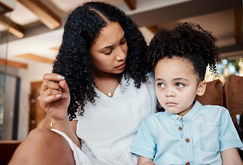 Image showing Comfort, support and mother with crying child sitting on floor in living room and talking after tantrum. Anxiety, security and trust, woman comforting sad boy with love and safety from mom at home.