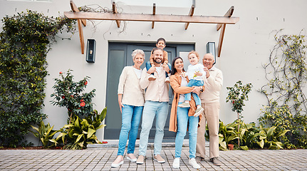 Image showing Portrait of generations of family outside new home, real estate, investment and mortgage with security. Happy grandparents, parents and children standing together, homeowners with smile and happiness