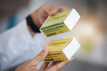 Image showing Pharmacy, pharmacist and hands with allergy medication, pills or box in drugstore or shop. Healthcare, wellness and medical doctor or woman with medicine, drugs or product for relief of allergies.