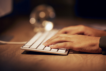 Image showing Computer keyboard, hands and night woman typing online data analysis, feedback report or customer experience insight. Brand monitoring software, social media research and worker review web analytics