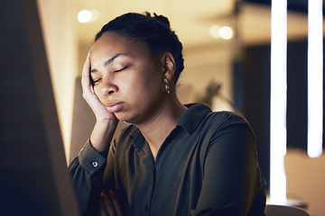 Image showing Computer, night sleep and black woman tired after overtime bookkeeping, spreadsheet accounting or business data analysis. Office fatigue, dream and admin accountant sleeping, exhausted and overworked