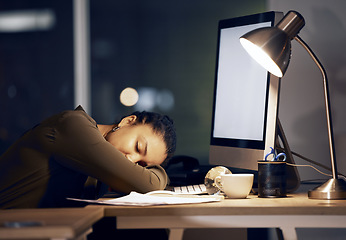 Image showing Computer, tired night and black woman sleeping after mockup bookkeeping, spreadsheet accounting or data analysis. Business office fatigue, dream and admin accountant sleep, exhausted and overworked