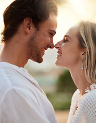 Image showing Happy, love and couple in nature with admiration, laughing and bonding in the countryside of Spain. Smile, care and man and woman looking caring, playful and dating in a park with happiness together