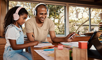 Image showing Headphones, black family and kid with online audio streaming, language learning and translation service for support. Happy father with girl child listening on tablet app for webinar or video call