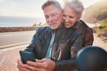 Image showing Selfie, biker couple and road trip, smile and laughing, love and romance on vacation outdoors. Travel, retirement and senior man and woman traveling on motorbike to take pictures for happy memory.