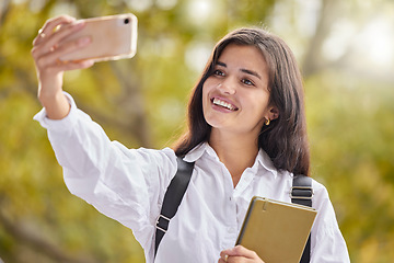 Image showing Student, woman and happy for selfie at college, outdoor and smile for social network ui, web or excited in summer. Young gen z girl, influencer or profile picture at university for mobile photography