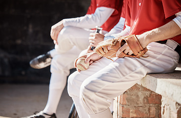 Image showing Men, hands or baseball glove on team, sports or stadium bench for game, match or teamwork challenge. Softball, athlete or players with mitt, bat or equipment for fitness, exercise or training workout