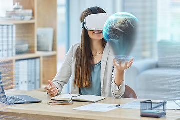 Image showing Vr, 3d and business woman with earth, cyber planet or holographic world or overlay in office. Virtual reality, ai metaverse and happy female with futuristic globe for globalization or sustainability.