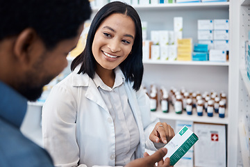 Image showing Pharmacy product, client or woman helping man with pills choice, pharmaceuticals decision or medicine shopping. Hospital retail shop, drugs store customer or pharmacist for medical healthcare support