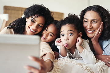 Image showing Funny, black family home and selfie with mother, kids and grandmother with happy bonding on bed. African children, mama and grandma with social media, profile picture and comic happiness with tablet