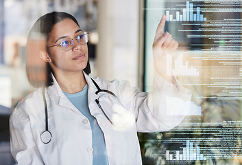 Image showing Woman doctor, data overlay and healthcare worker pointing to hospital stats and analytics. Clinic, wellness and health research hologram with a female employee checking insurance information