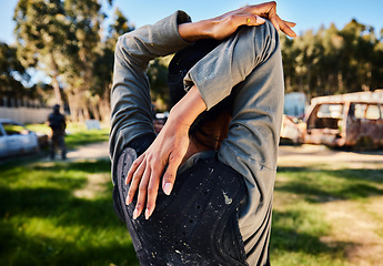 Image showing Paintball, back or woman stretching in training or game playing on battlefield or playground. Warm up, fitness or flexible female soldier with army gear in survival military challenge competition