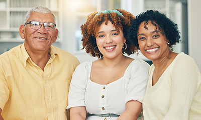 Image showing Portrait, family and adult daughter bonding in home, having fun and smiling together. Love, care and happy grandmother, grandfather and woman smile in living room and enjoying holiday or vacation.