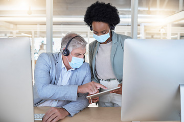 Image showing Covid, call center and coaching employees with mask at computer, help for senior man and black woman with tablet. Compliance, consulting and sharing opinion for medical advisory agency with diversity