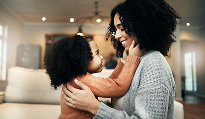 Image showing Love, mother and girl on couch, quality time and bonding in living room, happiness and sweet moment. Family, happy mama and daughter on sofa, playing and cheerful in lounge, loving or joyful together