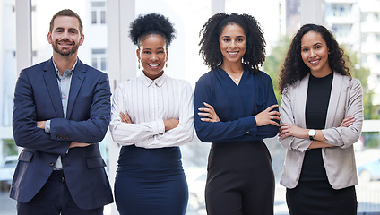 Image showing Team, portrait and proud business people in office for partnership, collaboration and support. Face, diversity and group of women with man for leadership, teamwork or professional startup mission