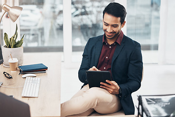 Image showing Corporate asian man, tablet and reading in office for email communication, schedule or planning. Entrepreneur, businessman or focus by touch screen for web design, writing and agenda on digital app