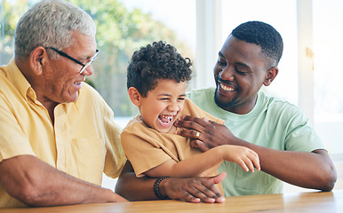 Image showing Black family grandfather, child and father playing, having fun and enjoy time together in Angola home. Bonding, love and happy African generation of kid son, grandpa and dad tickling laughing boy