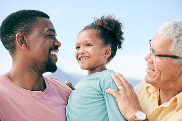 Image showing Grandfather, dad and child on beach holiday in South Africa with love, happiness and freedom together. Travel, happy black family and generations, smile and bonding on summer vacation for men and kid