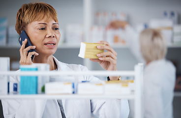 Image showing Reading, conversation and pharmacist on a phone call about medicine information or ingredients. Medical, talking and mature female doctor speaking about pills, advice and prescription on a mobile