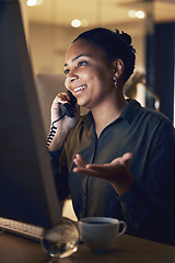 Image showing Overtime, night and businesswoman telephone call in an office working late evening in communication at the workplace. Young, computer and professional corporate employee or worker talking