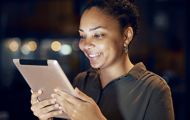 Image showing Tablet, night and business woman reading online data analysis, feedback report or customer experience insight. Brand monitoring software, social media research and African worker review web analytics