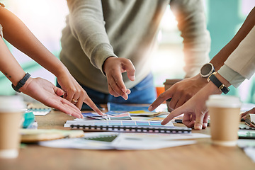 Image showing Color, creative palette and hands of business people on desk for branding meeting, strategy and marketing design. Teamwork, collaboration and designers brainstorming ideas, thinking and planning