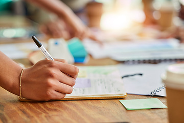 Image showing Hands, writing and book for business schedule, planning or brainstorming notes on office desk. Hand in project plan taking note for corporate or company strategy in reminder, idea or tasks on table