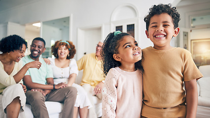 Image showing Portrait, family brother and sister smile, having fun and laughing together in home. Love, care and happy children, siblings or boy and girl bonding in living room and enjoying holiday or vacation.