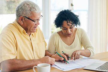 Image showing Paperwork, budget and senior couple at home for retirement funds, investment planning or asset management together. Elderly people or woman and partner reading documents, financial loan or mortgage