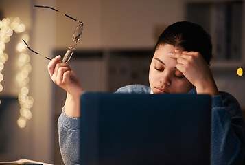 Image showing Mental health, laptop and night woman with burnout from university research, college project or essay. Education learning, school study or philosophy student with headache, stress or crisis problem