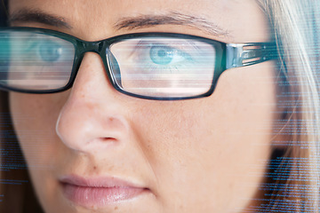 Image showing Face, vision and glasses with code, woman in business and programming, data analysis and information technology. Digital overlay, serious female and focus, coding and software development reflection