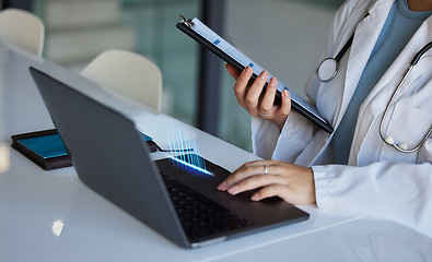 Image showing Hospital, computer stats overlay and woman hands of a doctor working with research data. Medical, healthcare and wellness professional with graph hologram of medicine statistics with paperwork