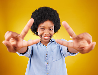 Image showing Happy, peace sign and portrait of a black woman in studio with a positive and goofy mindset. Happiness, smile and African female model with an afro posing with chill hand gesture by yellow background
