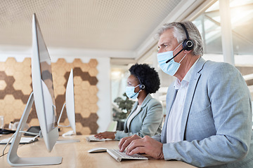 Image showing Covid, call center employees with mask at computer and senior man with black woman in headset. Office compliance, consulting team online in shared workspace and medical advisory agency with diversity