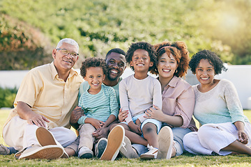 Image showing Portrait of grandparents, parents and children on grass enjoy holiday, summer vacation and weekend. Black family, garden and happy mom, dad and kids smile for quality time, relax and bonding outdoors