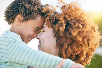 Image showing Family, woman hug child with happiness and content together outdoor, face profile and forehead touch. Mother, young kid and happy people, love and care with bonding, relationship and peace with smile