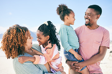 Image showing Family at the beach, happiness and love with travel, summer vacation with parents and children outdoor in nature. Holiday, tropical island and black man, woman and girl kids smile together in Bali