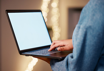 Image showing Laptop, hands typing and green screen mock up in office for advertising, marketing or product placement at night. Bokeh, branding or business woman with computer for mockup or copy space in workplace