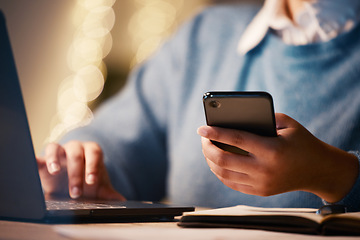 Image showing Woman hands, laptop or phone in night office on project management app, tax deadline or loan research planning. Zoom, worker or business on mobile communication technology in working late accounting