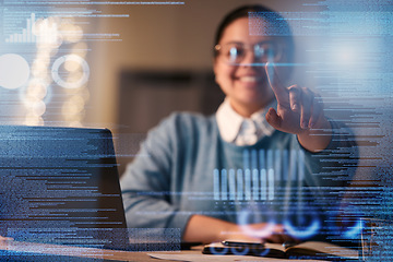 Image showing Business worker, hands or hologram screen in night office on financial software, stock market trading or growth tech data. Zoom, finger or abstract touch for finance chart or happy interactive woman