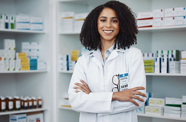 Image showing Healthcare, smile and portrait of woman in pharmacy, and happy to help with advice on prescription drugs. Confidence, medicine and medical professional or pharmacist for health and wellness.