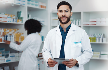 Image showing Smile, tablet and portrait of man pharmacist with online checklist, inventory and happy to help with advice. Confidence, medicine and medical professional and healthcare consultant in health pharmacy