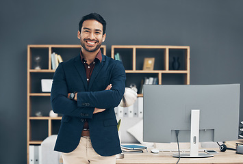 Image showing Office portrait, confident smile and man happy for startup law firm, corporate development or company success. Happiness, workplace and Taiwan lawyer with pride in career, job or professional growth