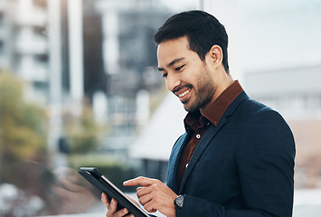 Image showing Corporate tablet, happy and business man typing on digital dashboard, IOT or interactive smart tech for office automation. User internet of things, ui screen and manager programming software system